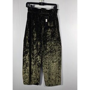 C MODZ Crushed Velvet Wide Leg Pants Olive Green High Waist Elastic New